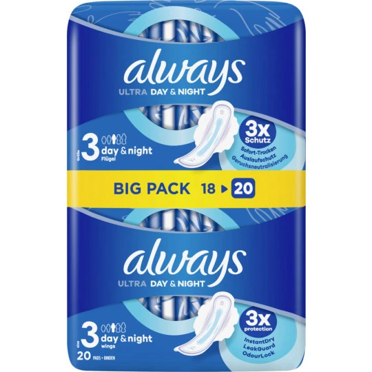Always® Ultra Day & Night Mit Flügeln Damenbinden BigPack 20ST 1 Always® Ultra Day & Night Mit Flügeln Damenbinden BigPack 20ST